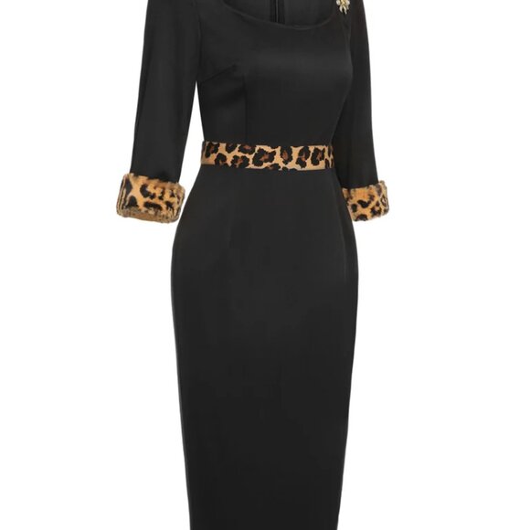 NWOT Retro Stage Medium Black 1960s Raw Hem Leopard Asymmetric Wrap Dress - Picture 6 of 9